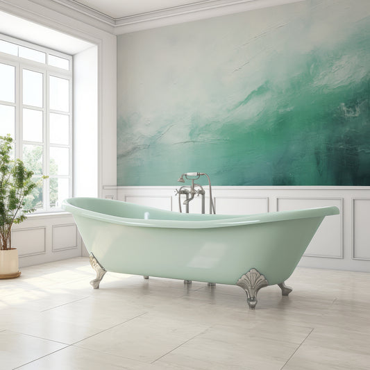 Mint Texture Abstract Wallpaper In Bathroom With Large Windows And Light Mint Green Bathtub