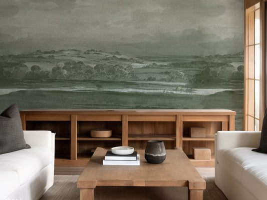 Landscape mural in a modern living room with wooden furniture