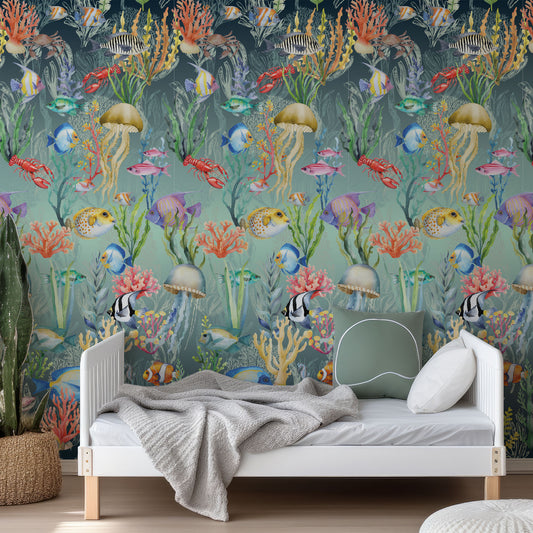 Nautilus Blue Wallpaper In Child's Bedroom With Green Bedding With White Bed And White Bed Frame