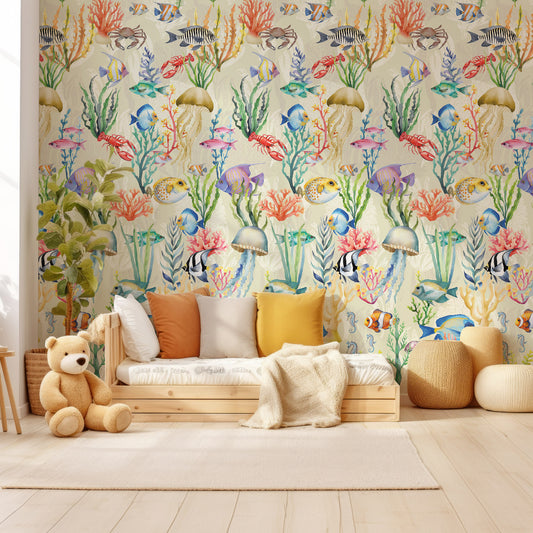 Nautilus Cream In Child's Bedroom With Wooden Bed With Orange, Beige And Yellow Cushions