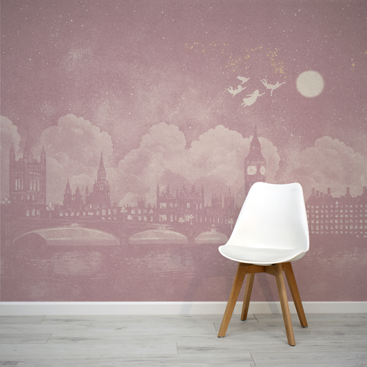 Watercolour pink London skyline at night inspired by Peter Pan mural with a white chair