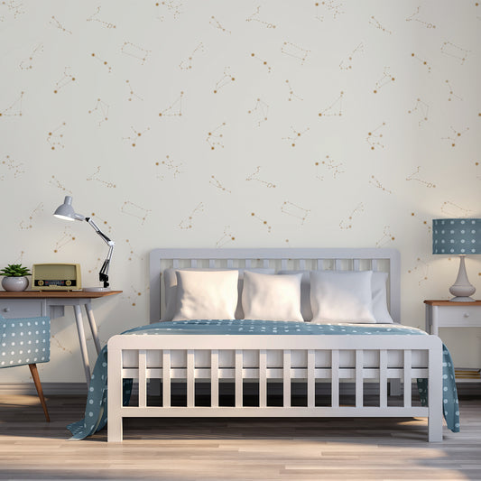 Crème Constellations Nocturnes - Papier Peint Constellation Étoile Crème & Or
