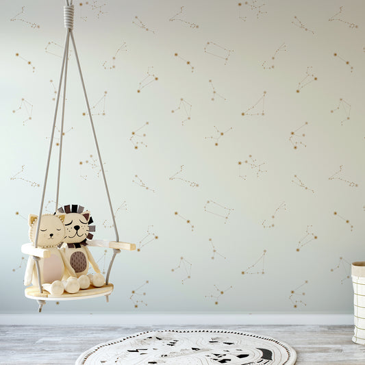 Crème Constellations Nocturnes - Papier Peint Constellation Étoile Crème & Or