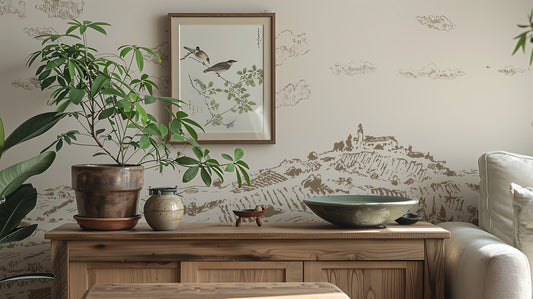Nórië Wallpaper Close Up with Wooden Cabinet and Plants