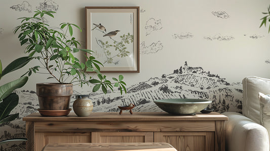 Nórië Wallpaper Close Up with a Wooden Cabinet and a Plant