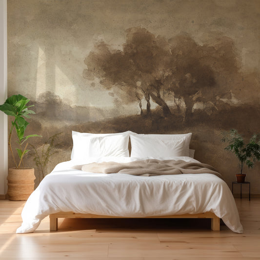 Oak Wallpaper in a Bedroom with a large wall mural of trees and landscape, featuring a bed with white bedding.