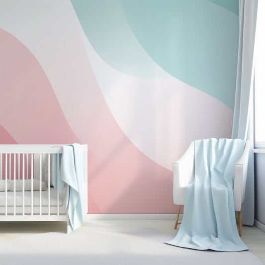 Olivia Wallpaper In Baby Blue Nursery Room With White Cot & Blankets
