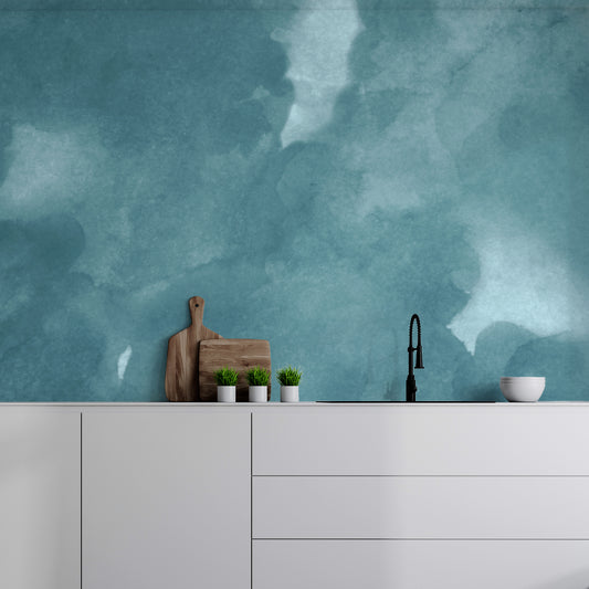 Onimbus Moody Teal Watercolour Cloud Wallpaper in a modern kitchen