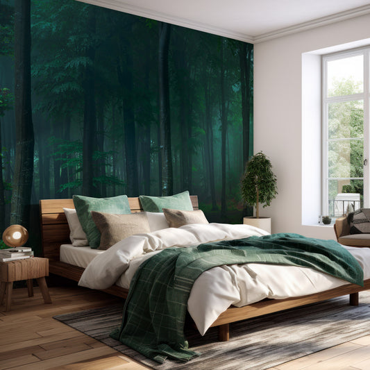 Orman Wallpaper In Bedroom With Green Bedding And Wooden Bed With Large Window Letting Lots Of Light In