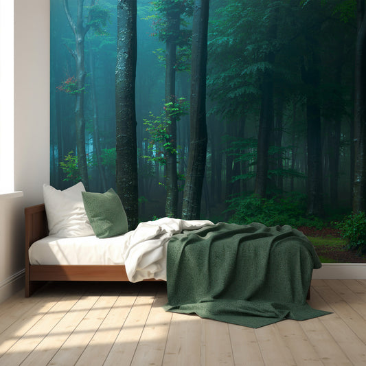 Orman Wallpaper In Children's Bedroom With Wooden Bed and White And Dark Green Blankets