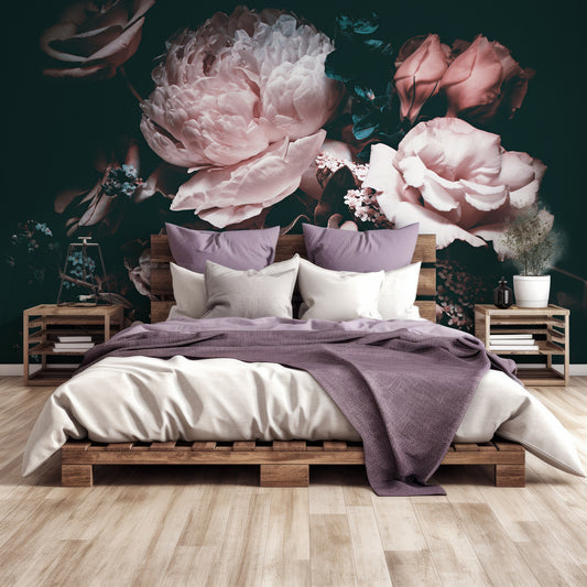 Paeonia Wallpaper In Bedroom With Purple Queen Size Bedding On A Dark Wooden Bed