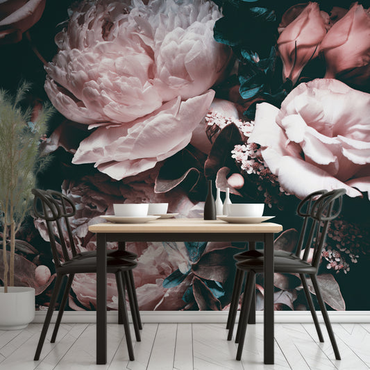 Paeonia Wallpaper In Dining Room With Black Tables And Chairs With Wooden Table Top