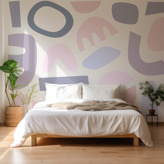 Papier Peint Panoramique Pastel Puzzles Mauve - Formes Découpées Abstraites Roses et Violettes