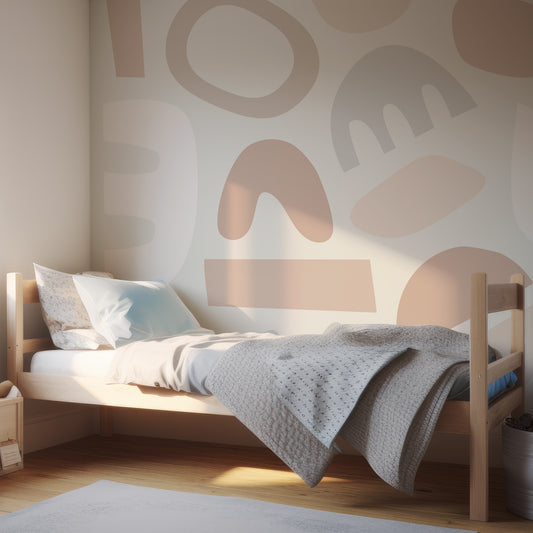 Pastel Puzzles Neutral In Child's Bedroom With Light Blue Bedding And Wooden Bed