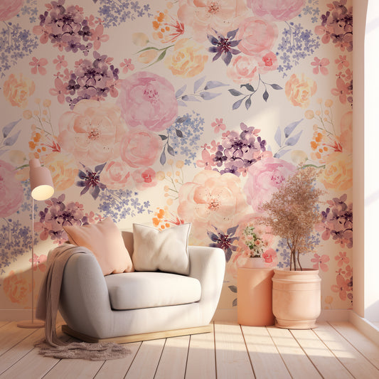 Pastel Rose Dreams In Room With Grey Chair With Pastel Cushion, Lights And Vases With Flowers & Plants