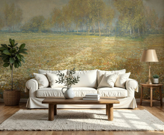 Penelope Wallpaper in a Living room with a beige sofa, wooden coffee table, and decorative items against a nature-themed wall.