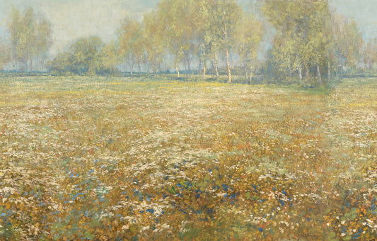 Penelope Wallpaper Painting of a flower field with trees in the background