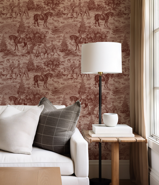 Living room with horse-themed wallpaper, white sofa, and lamp.