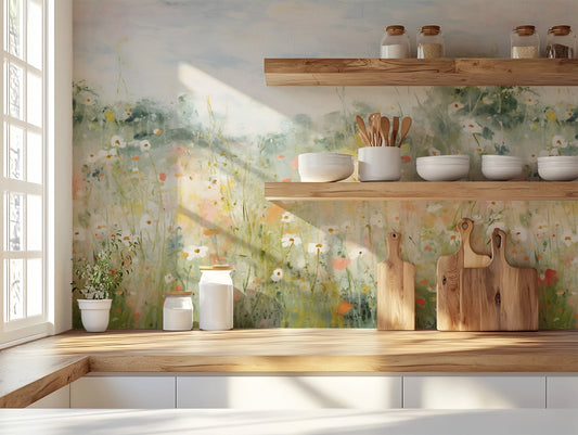 Petunia Wallpaper in a Wooden Kitchen