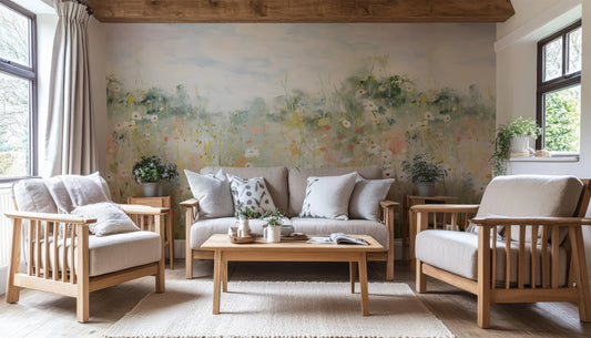 Petunia Wallpaper in a Farmhouse Style Living Room
