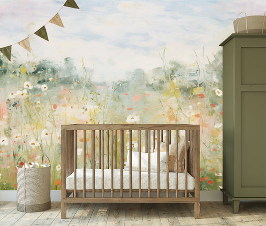 Petunia Wallpaper in a Nursery with a Wooden Cot