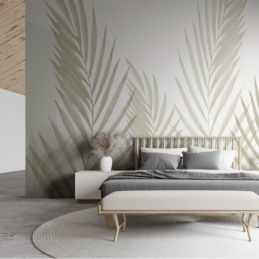 Raffia Greige Wallpaper Mural In Bedroom With Grey Bed