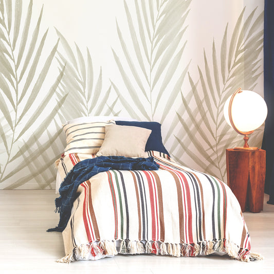 Raffia Greige Wallpaper Mural In Bedroom With Single Stripy Bed