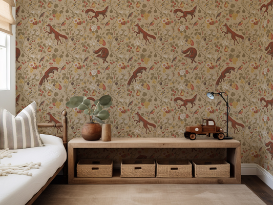 Room interior with floral wallpaper, wooden shelf, and decorative items.