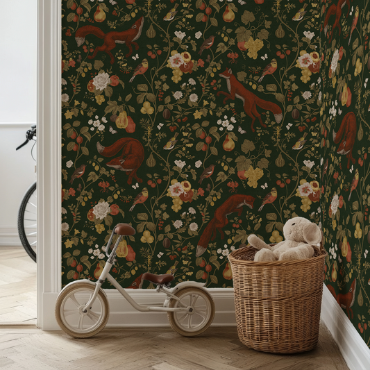 Children's room with floral wallpaper, tricycle, and basket with teddy bear.