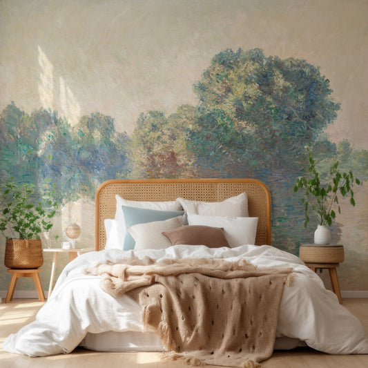 Riverbank Reflections Claude Monet The Seine Wallpaper In Wooden Bed With White Bedding With Beige Blankets And Green Plants Either Side