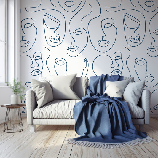 Robyn Bla Wallpaper In Living Room With Wooden Floor, Windows, Plants And Large Blue Sofa