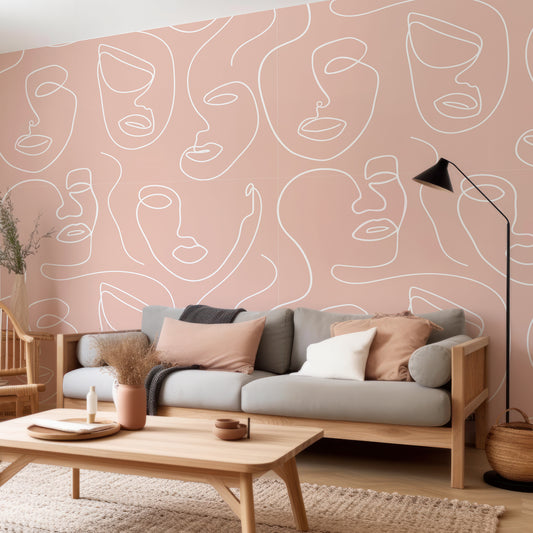 Robyn Bytte Wallpaper In Beige & Tan Wooden Sofa With Grey Cushioning & Black Lampshade