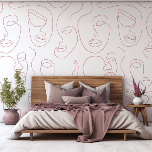 Robyn Ros Wallpaper In Bedroom With Purple Queen Size Bedding On A Dark Wooden Bed With Green Plants