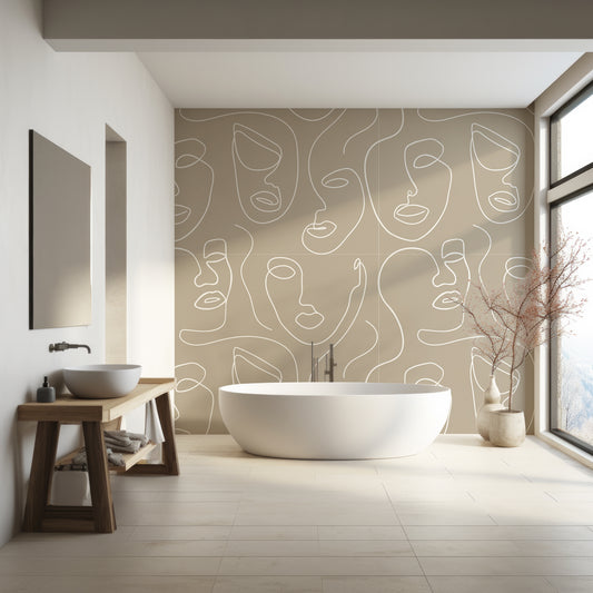 Robyn Sten Wallpaper In Bathroom With White Bathtub And Wooden Floor With Mirror And Sink