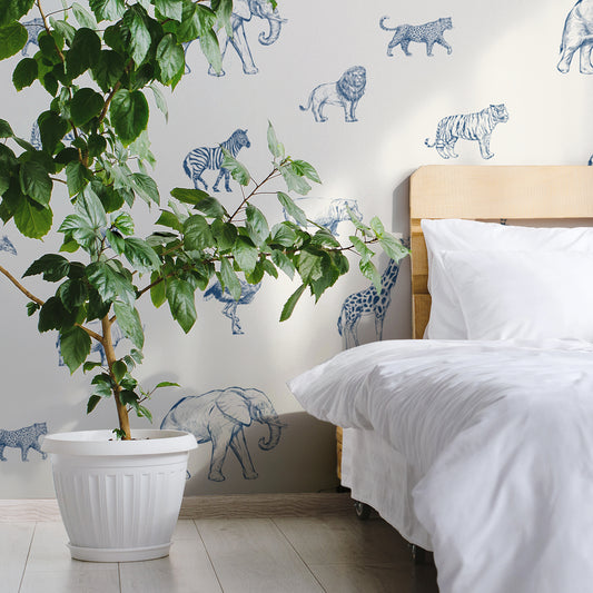 Safari Sketchbook Wallpaper In Bedroom With Large Green Plant and White Large Plant Pot