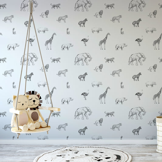 Safari Sketchbook Wallpaper In Child's Room With Hanging Chair & Plush Toys