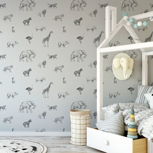 Safari Sketchbook Wallpaper In Child's Room With Large White Bed and Elephant Coat Hanger