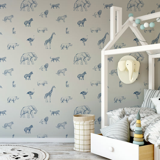 Safari Sketchbook Wallpaper In Child's Room With Large White Bed and Elephant Coat Hanger