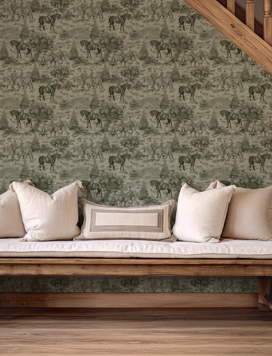 Wallpaper with horse pattern in a room with wooden bench and pillows.