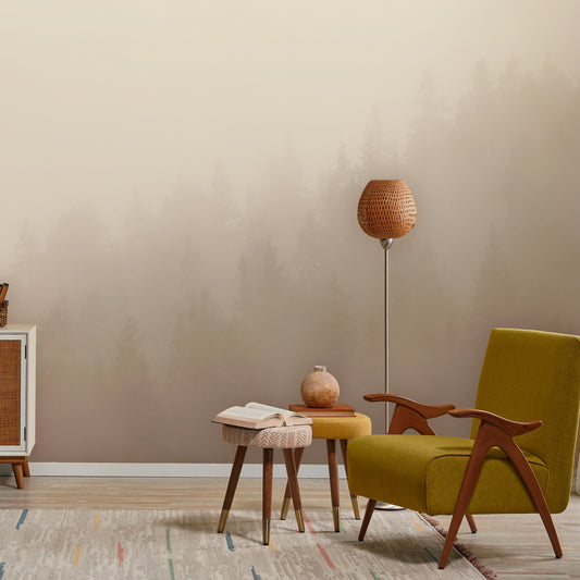 Sepia Serenity Heights wallpaper in living room with yellow chair with yellow and beige stools and books