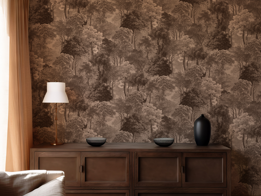 Room interior with wooden cabinet against a forest-themed wallpaper