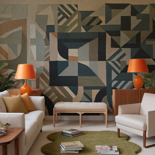 Modern living room with geometric wall art, orange lamps, and a patterned rug.