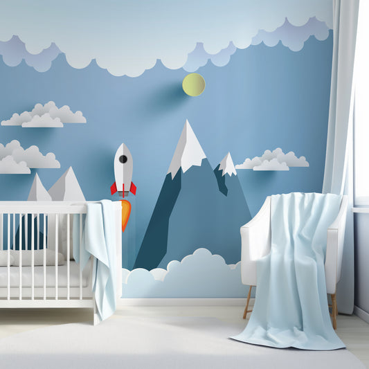 Skyrocket Wallpaper In Baby Blue Nursery Room With White Cot & Blankets