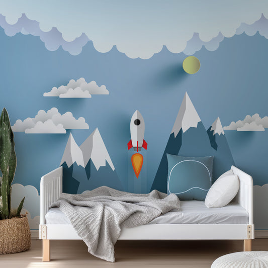 Skyrocket Wallpaper In Child's Bedroom With Green Bedding With White Bed And White Bed Frame