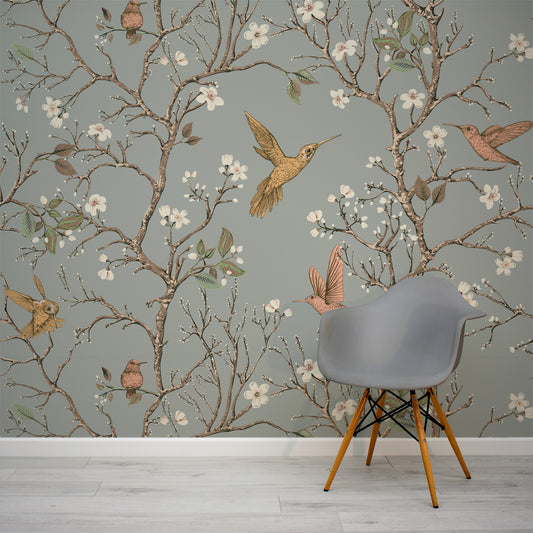 Songbird Serenade wallpaper in living room with small wooden childrens chair