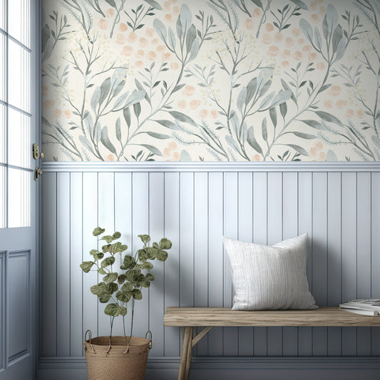 Sophie in Hallway with Blue Panelling and Wooden Bench