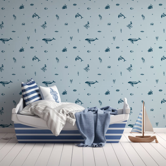 Starry Sea Life Ocean In Children's Room With Pirate Themed Stripy Blue And White Bed