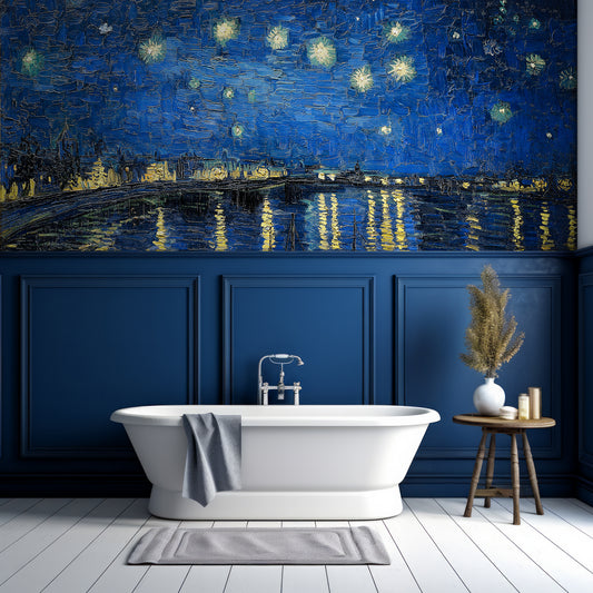 Starry Night By Van Gogh Wallpaper In Bathroom With Half Navy Panelled Wall and White Wall As Well As Bathtub