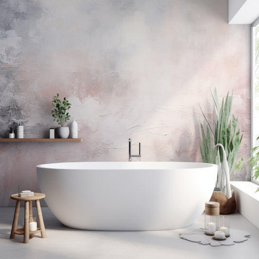 Stone Wall Serenity Wallpaper In Bathroom With White Bathtub And Green Plants With Wooden Stool & Candle
