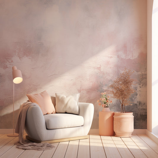 Stone Wall Serenity Wallpaper In Room With Grey Chair With Pastel Cushion, Lights And Vases With Flowers & Plants